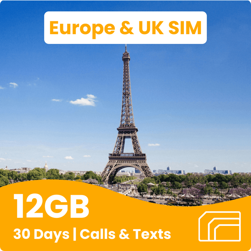 Europe & UK Travel SIM Card | 12GB | 30 Days | 71 Countries